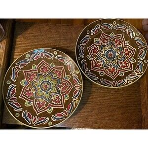 2 Pier 1 Imports Global Medallion Brown Reactive Stoneware 8.5” Salad Plates